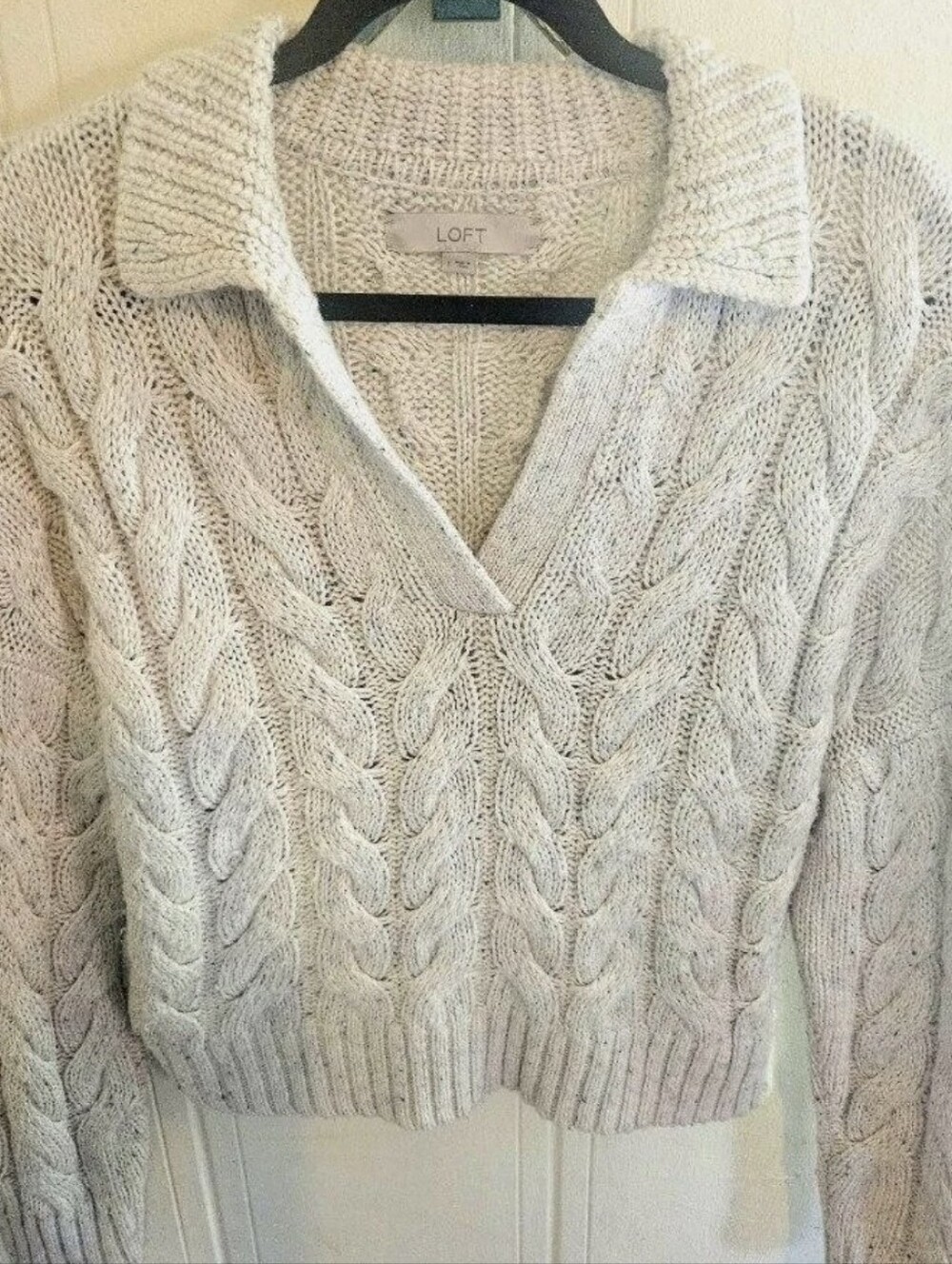 LOFT Light Gray Cable-Knit V-Neck Collared Sweater